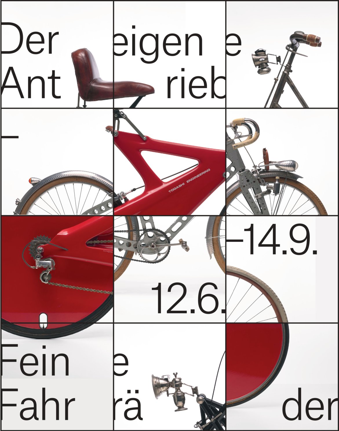 Plakat, mit zusammengesetzten Kacheln mit Ausschnitten eines Fahrrads und dem Ausstellungstitel und den Daten
